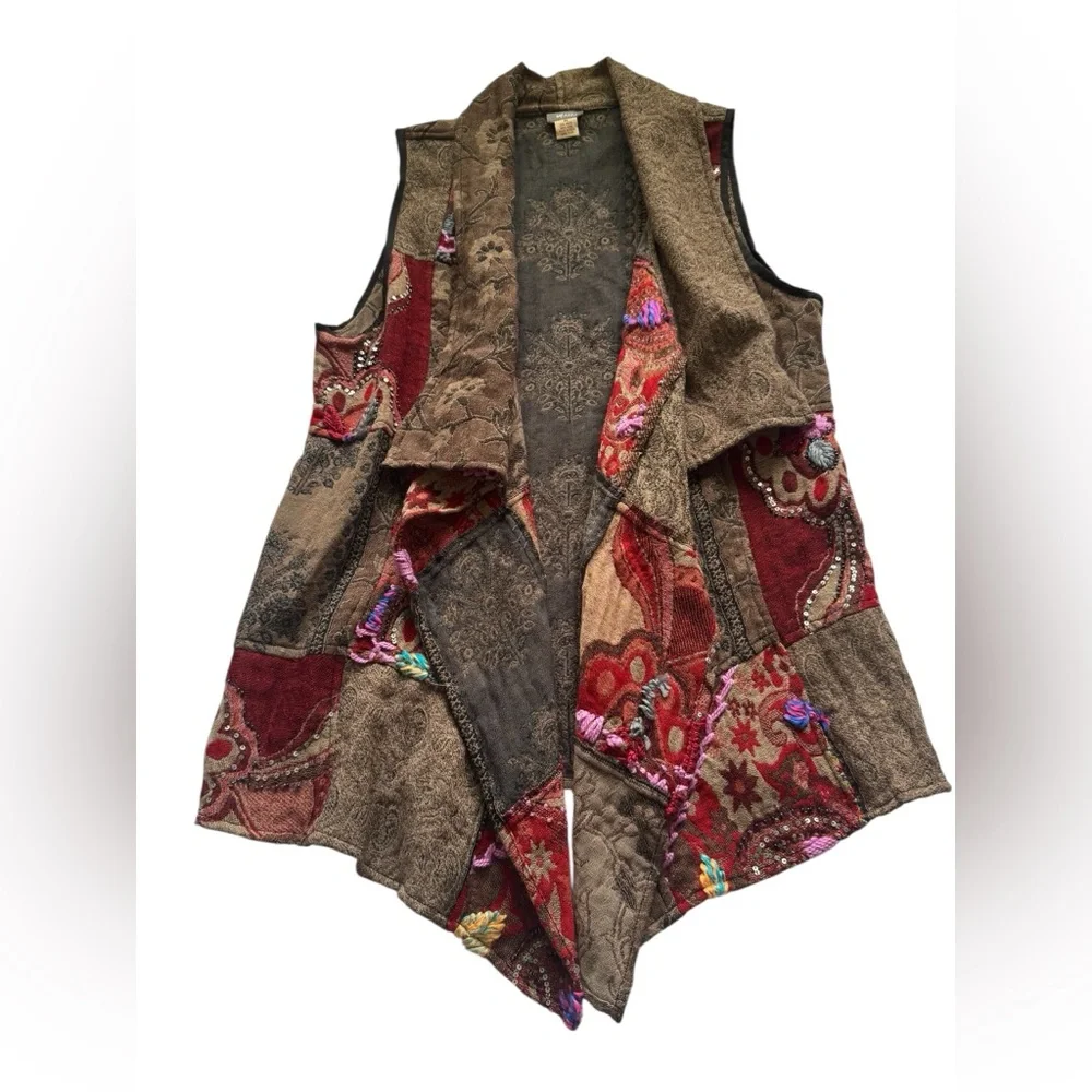 Anu Bohemian Brown Patchwork Draped Sleeveless Boho Vest Cardigan Size Medium - Picture 7 of 8